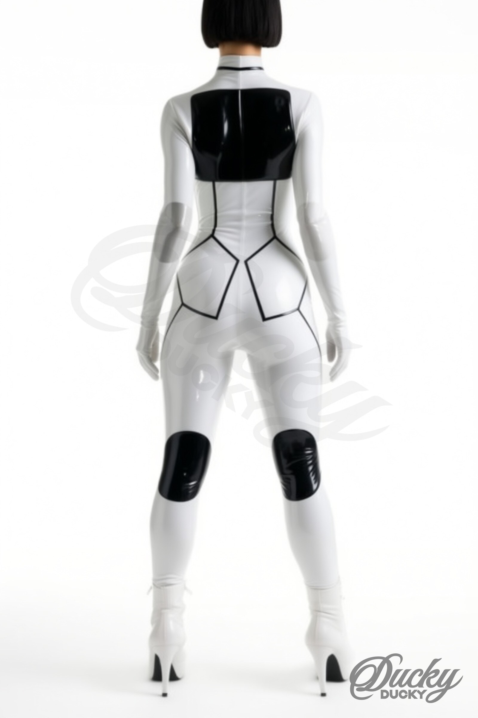 Androïde – combinaison latex femme blanche à coutures géométriques