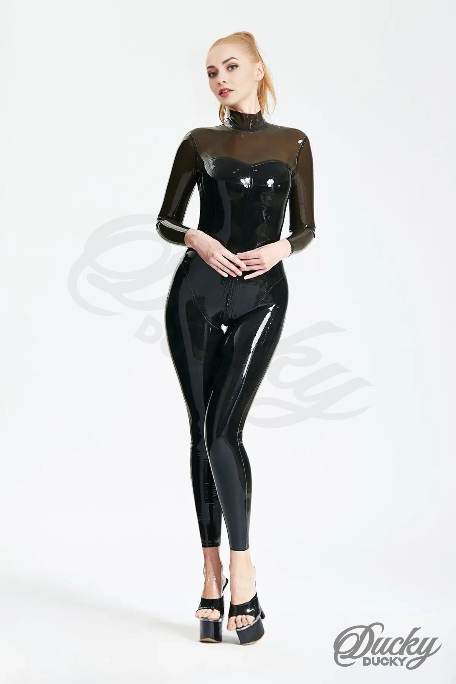 Arachne – catsuit in latex con spalle e maniche trasparenti - immagine 3