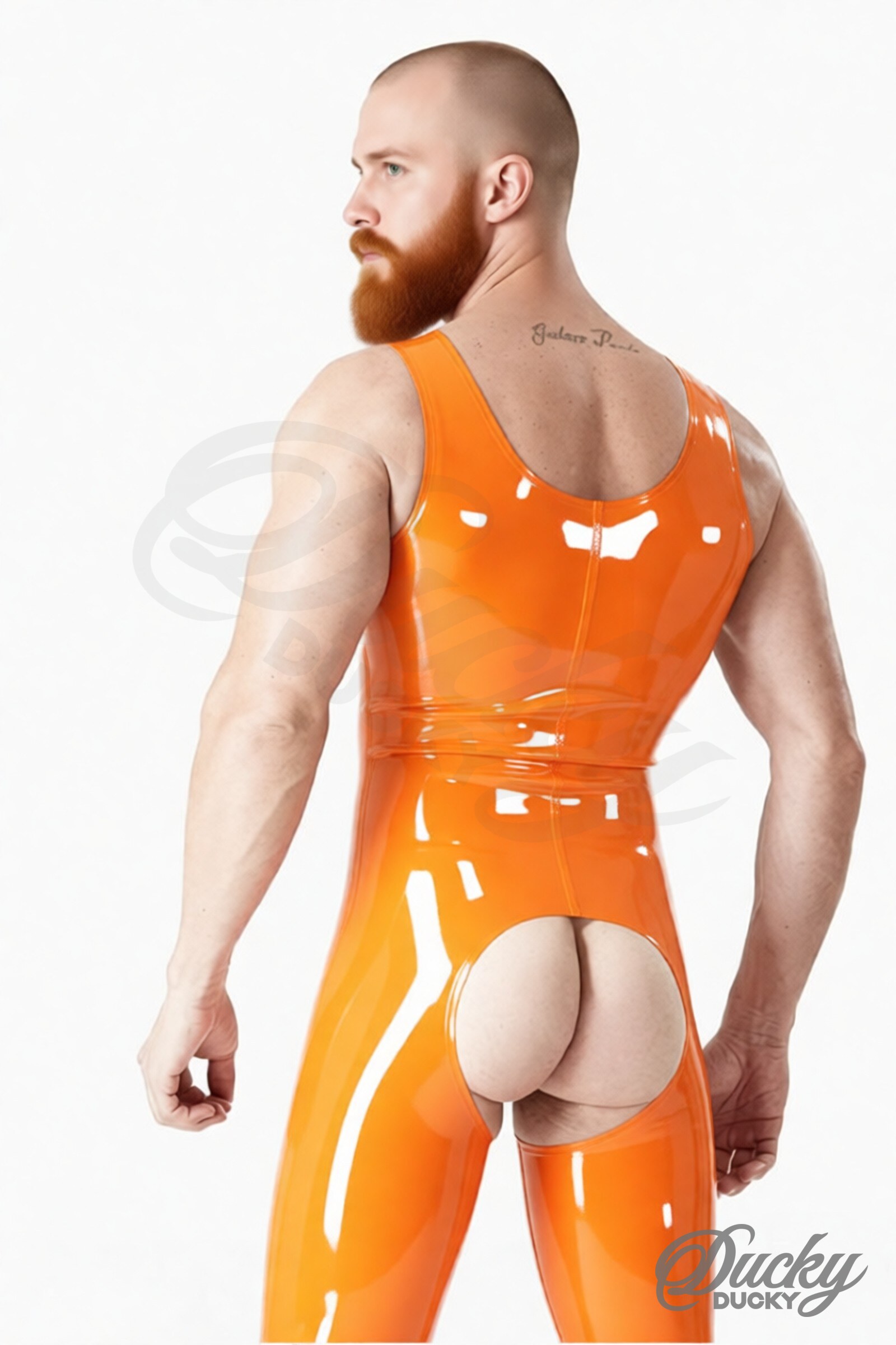 Arena – tuta in latex da uomo senza maniche, aperta sul retro