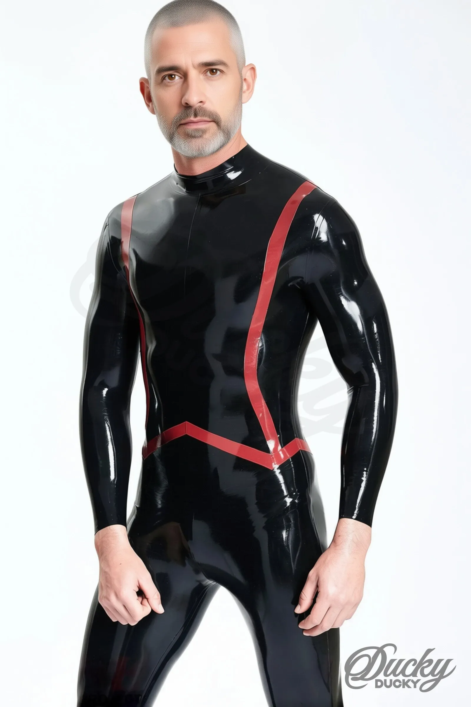 Barracuda – miesten lateksinen catsuit punaisella kalanruotoraidalla - Image 2