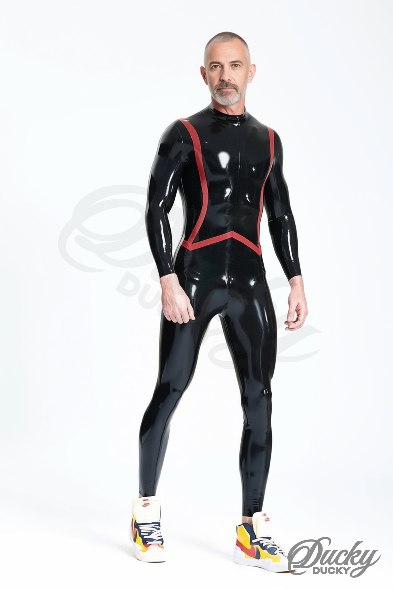Barracuda – miesten lateksinen catsuit punaisella kalanruotoraidalla - Image 3