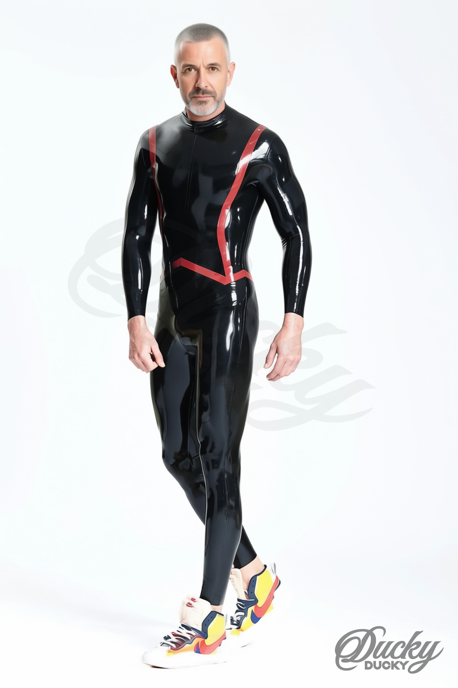 Barracuda – miesten lateksinen catsuit punaisella kalanruotoraidalla - Image 4