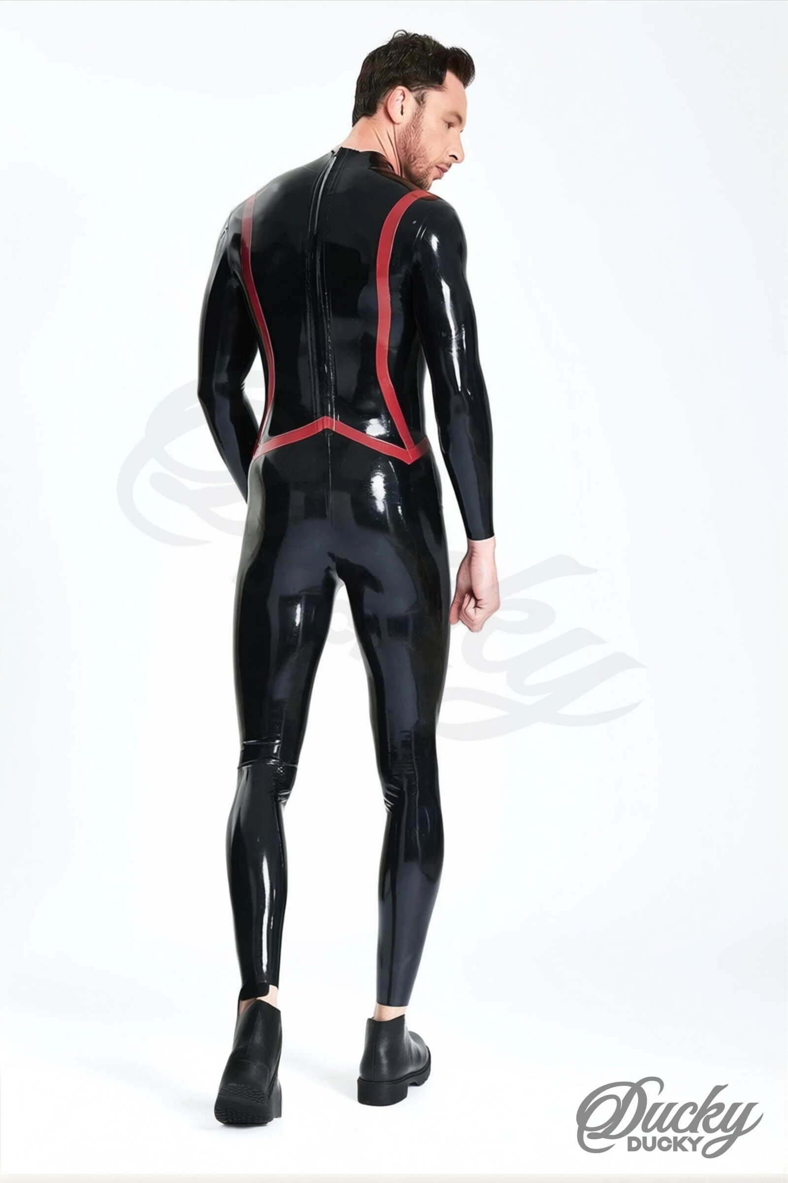 Barracuda – miesten lateksinen catsuit punaisella kalanruotoraidalla - Image 5