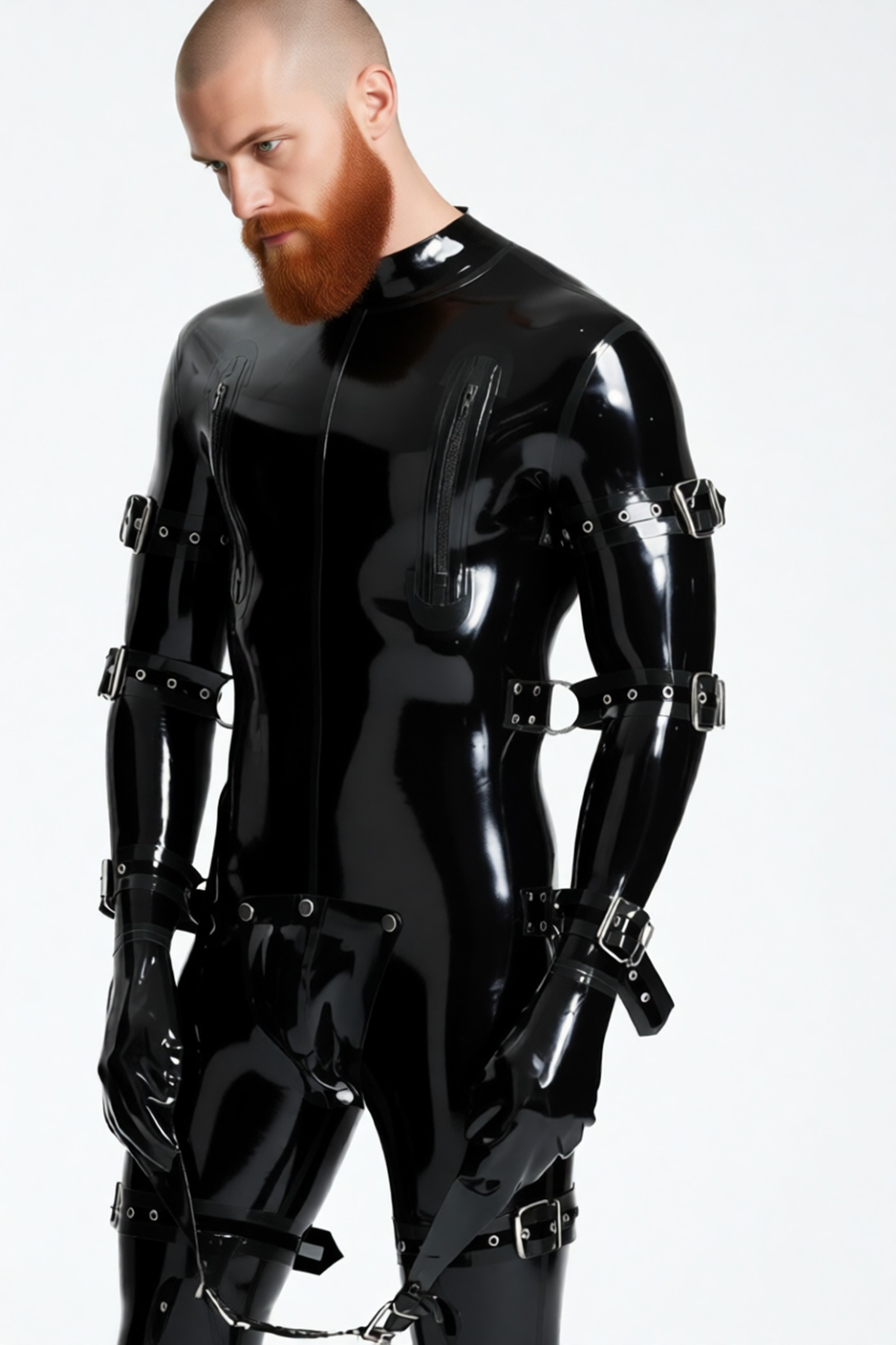 Captive – latex catsuit voor heren met riemen en afneembare kruisflap