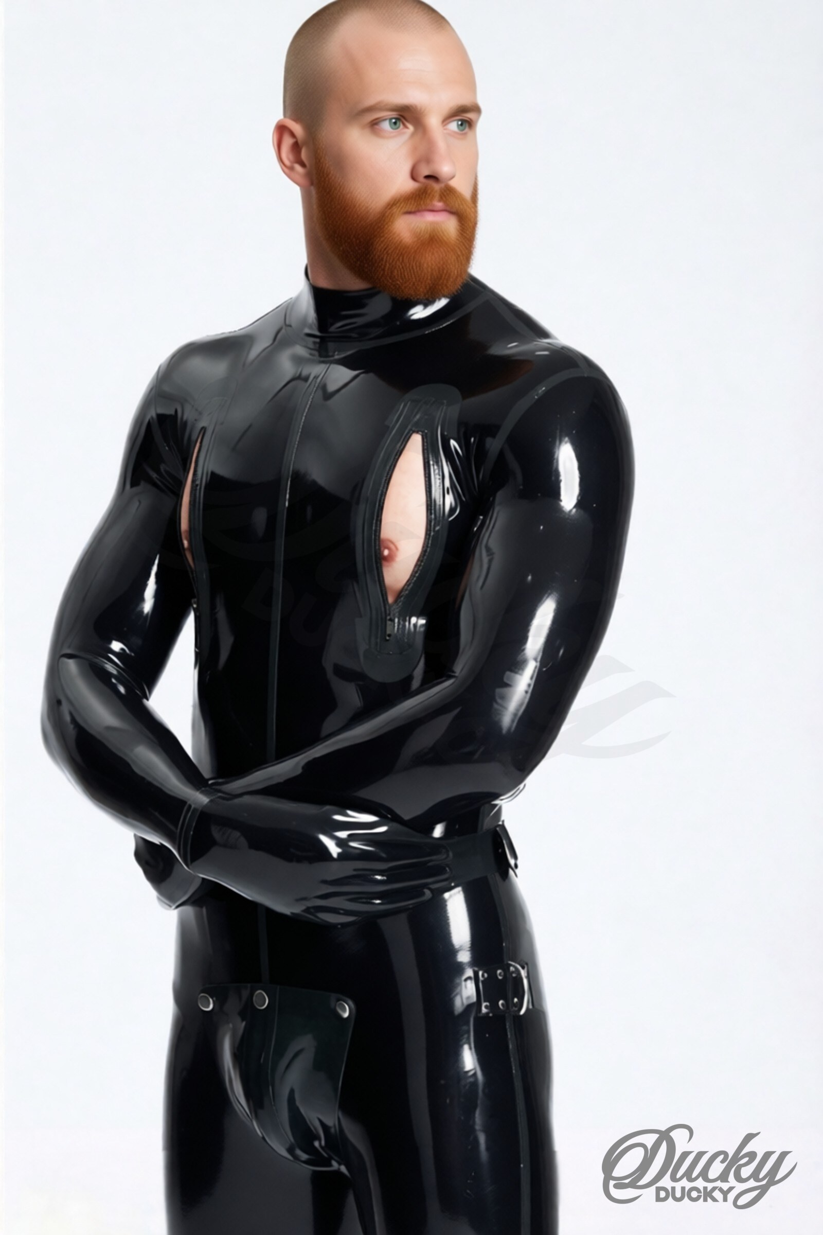 Captive – latex catsuit voor heren met riemen en afneembare kruisflap