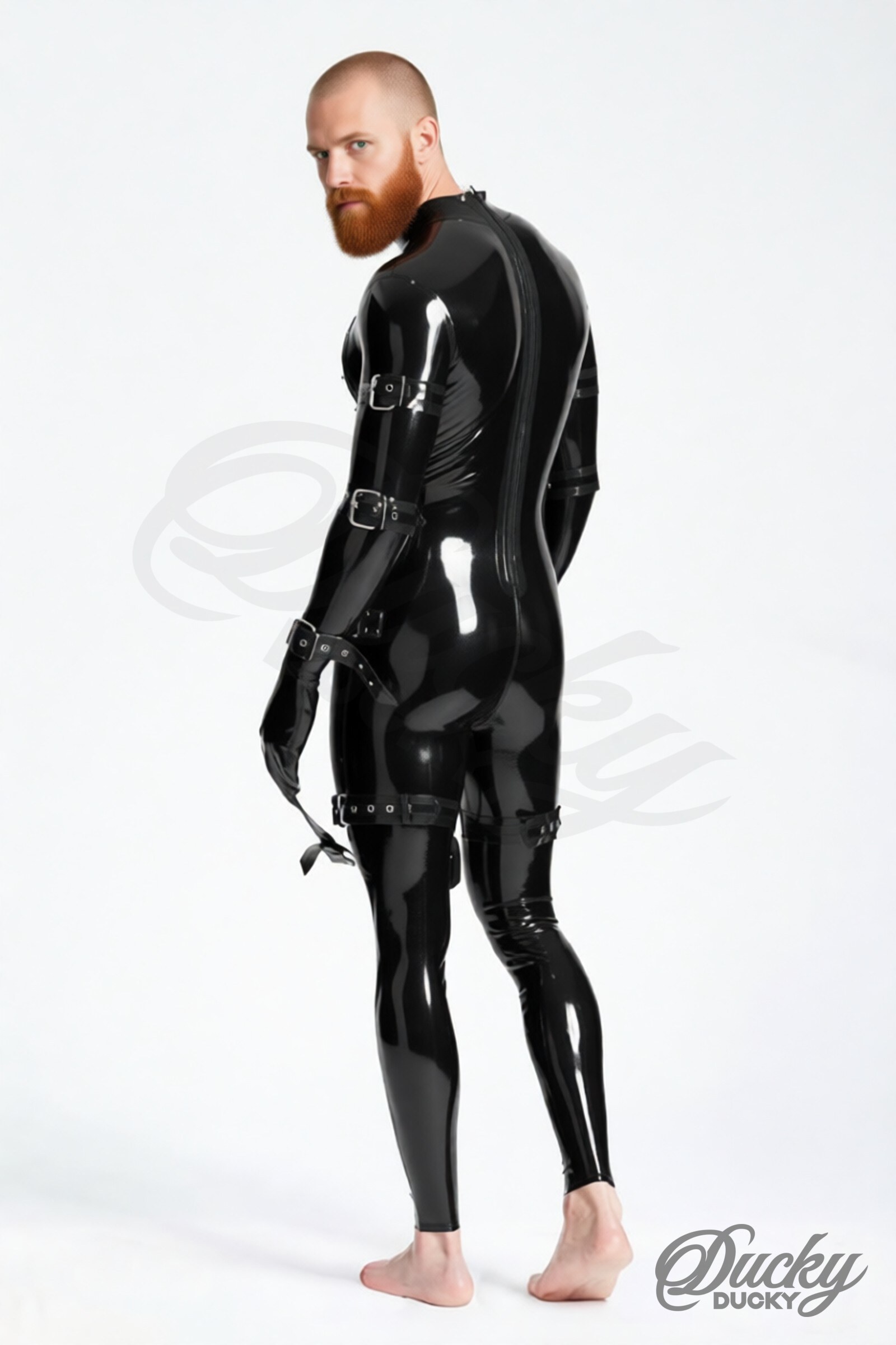 Captive – latex catsuit voor heren met riemen en afneembare kruisflap