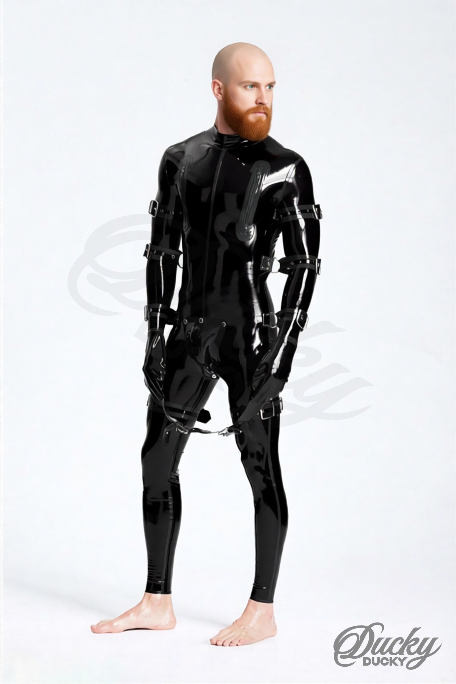 Captive – latex catsuit voor heren met riemen en afneembare kruisflap