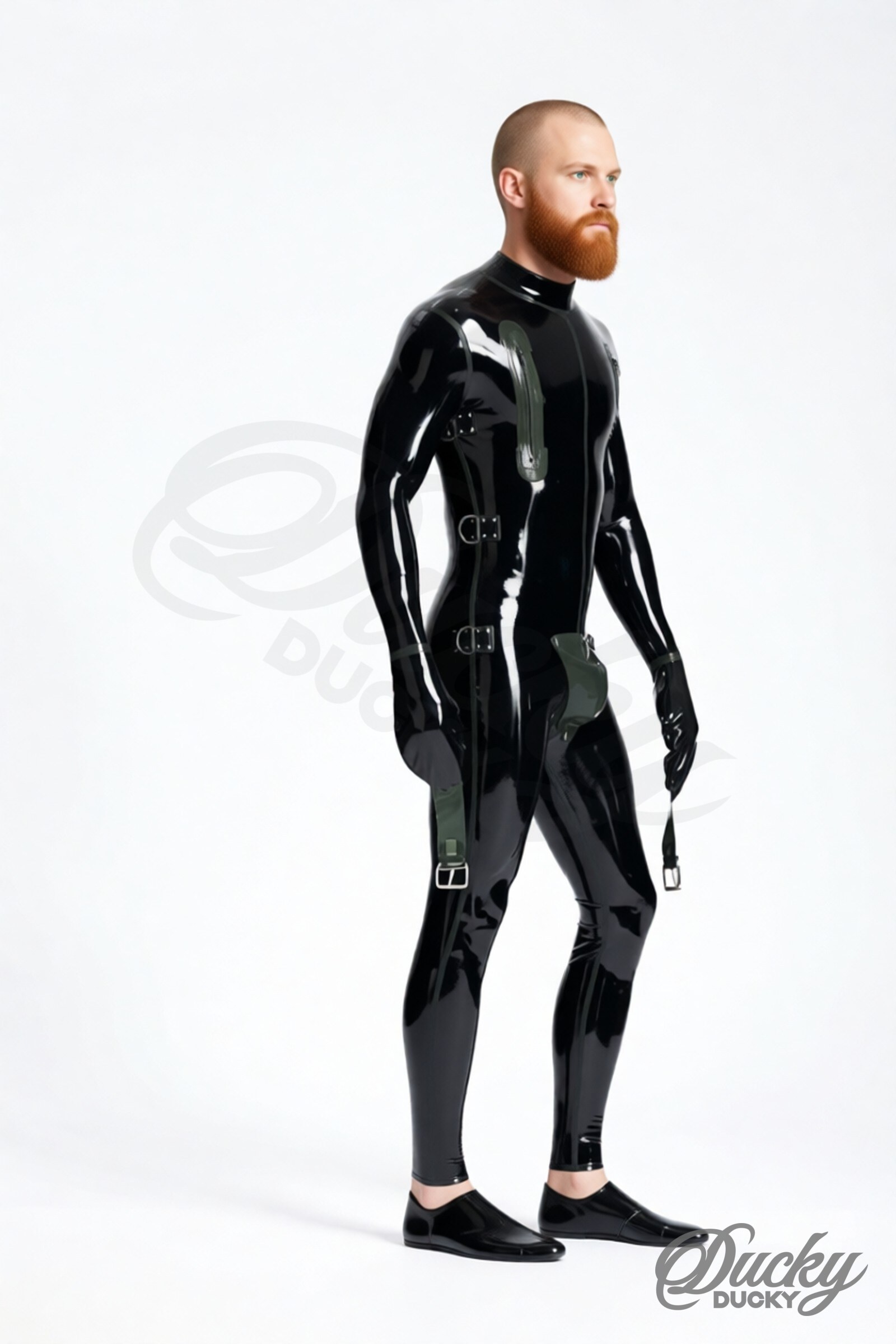 Captive – latex catsuit voor heren met riemen en afneembare kruisflap