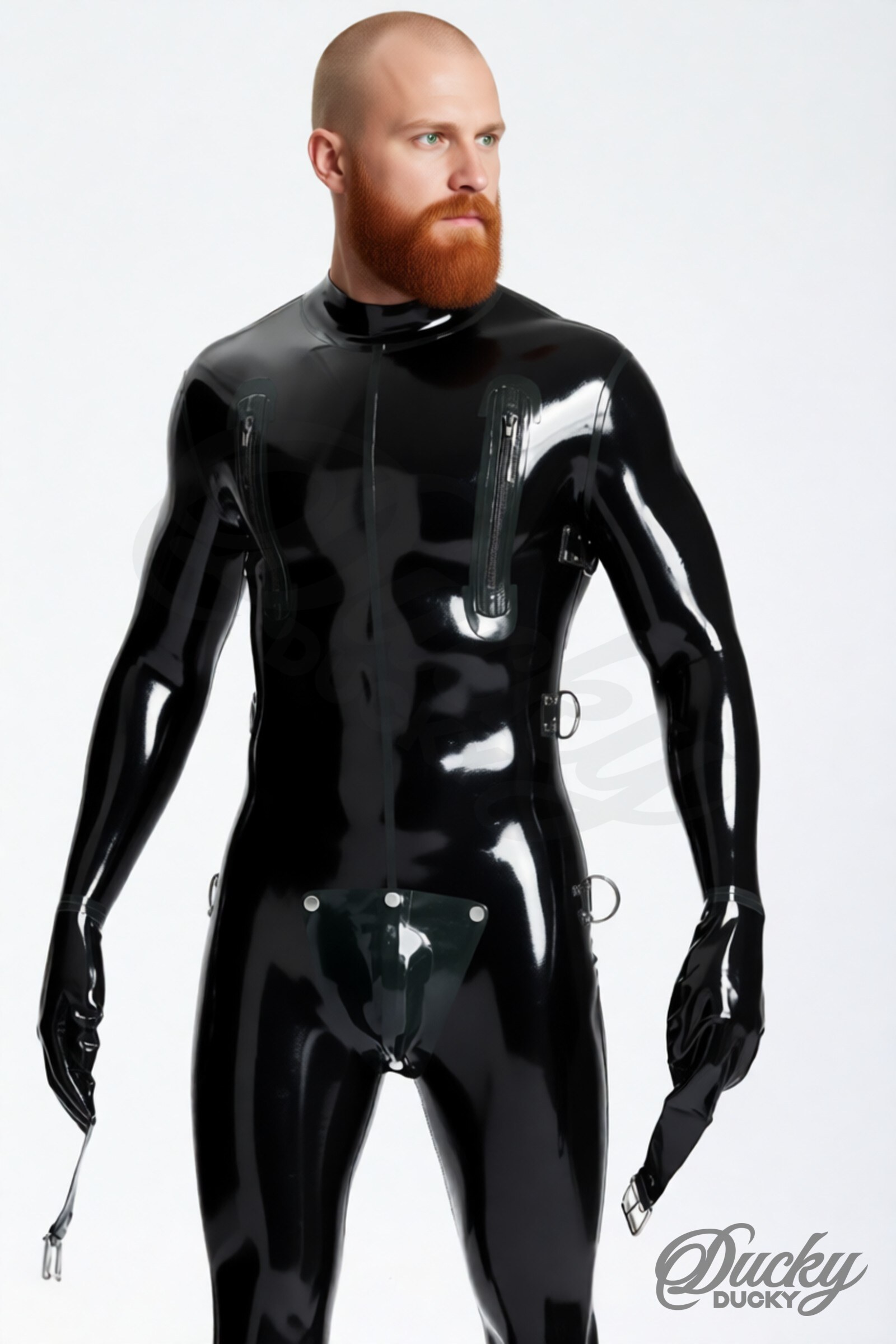Captive – latex catsuit voor heren met riemen en afneembare kruisflap