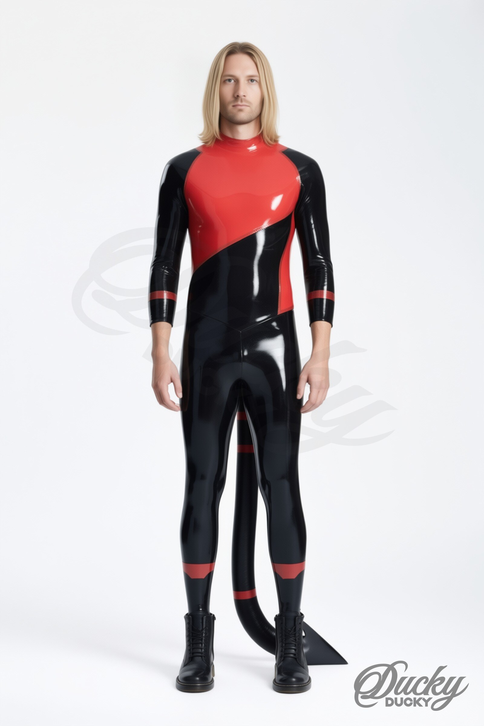 Diablotin – men’s red and black latex catsuit, inflatable tail