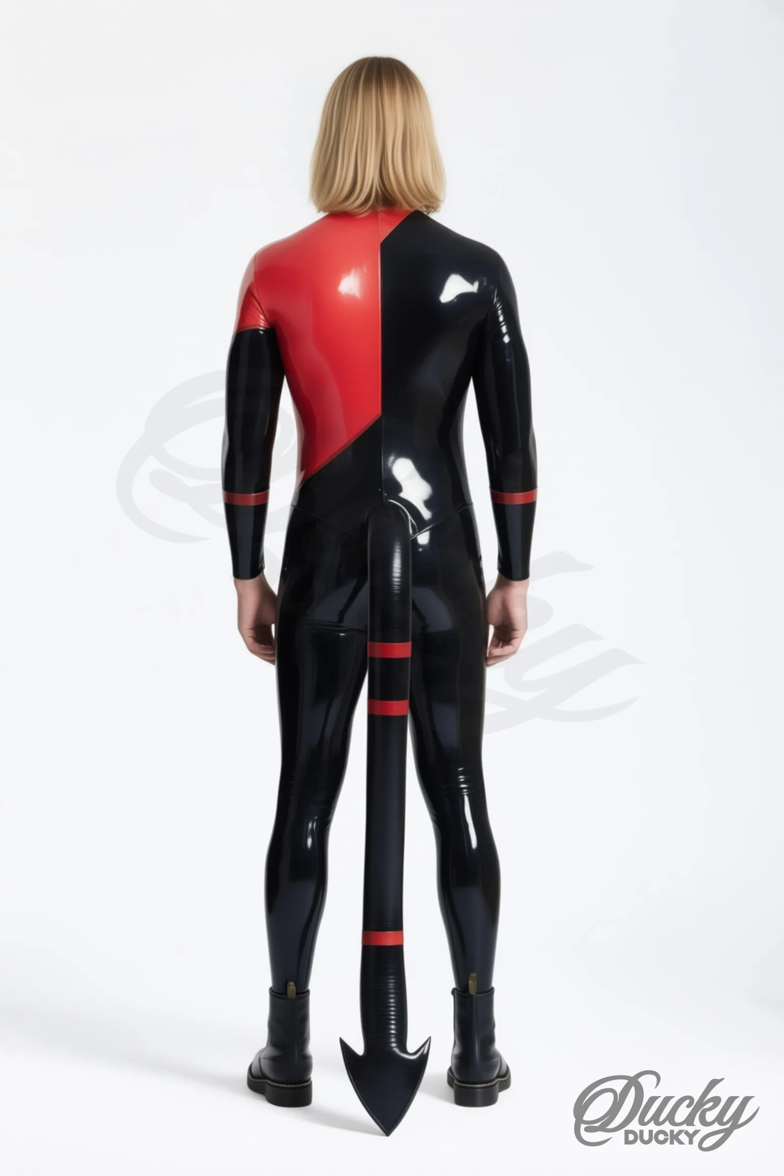 Diablotin – men’s red and black latex catsuit, inflatable tail