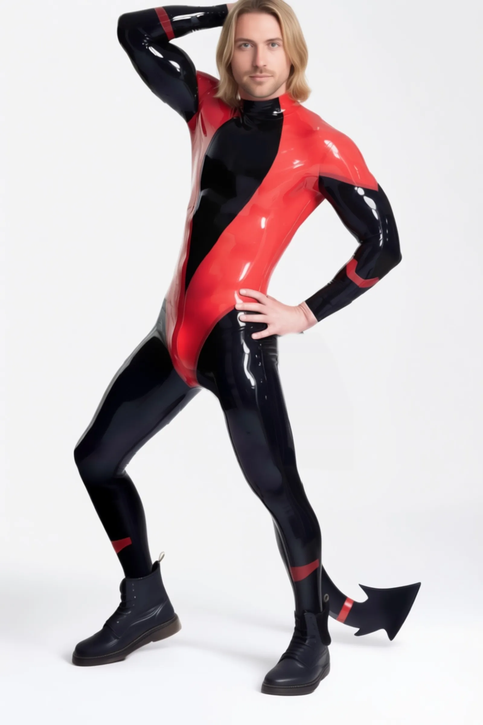Diablotin – rot-schwarzer Herren-Latex-Catsuit, aufblasbarer Schwanz