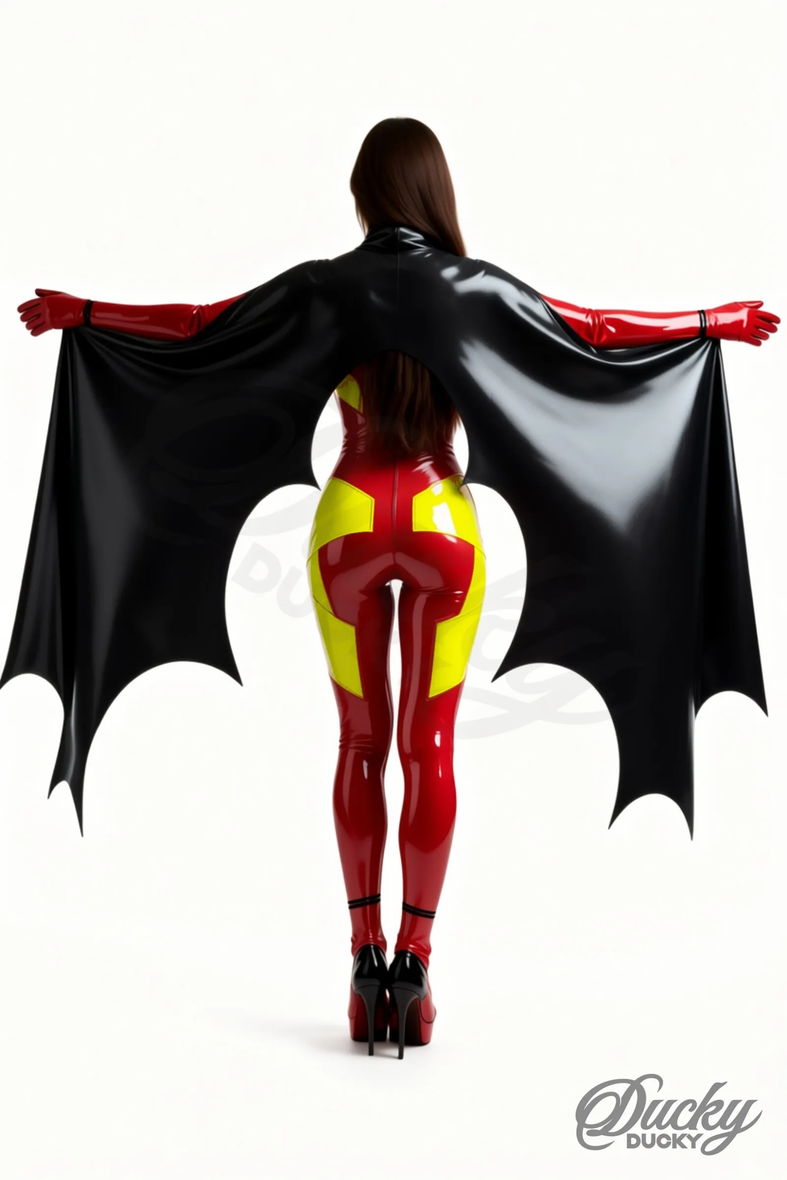 Envergure – latex catsuit med gennemskinnelig kappe