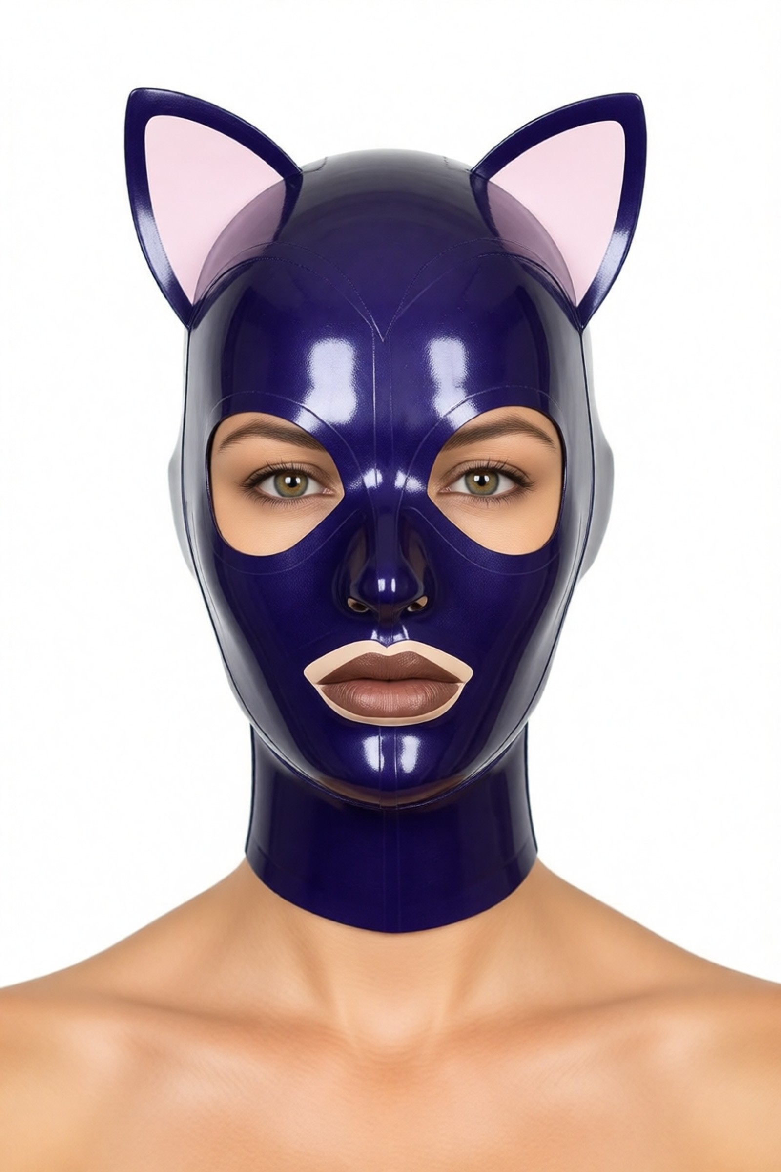 Felina – capucha de látex bicolor con orejas de gato