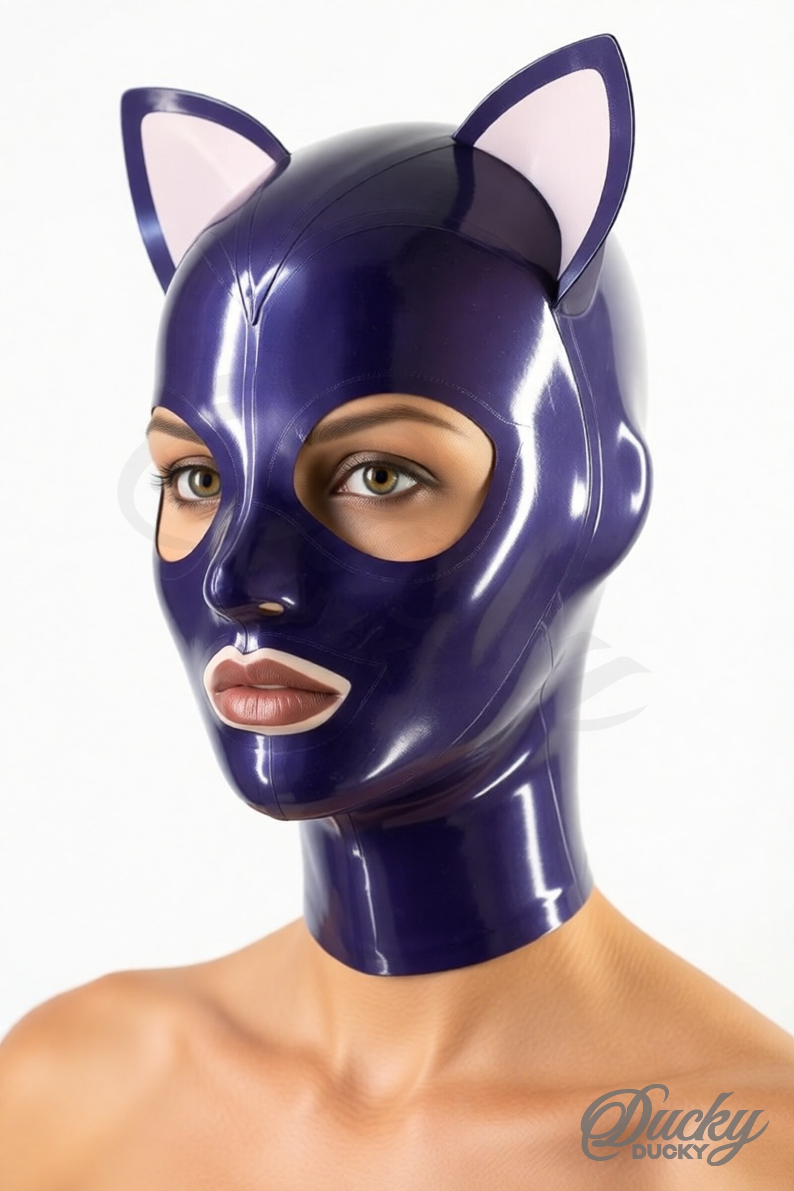 Felina – capucha de látex bicolor con orejas de gato