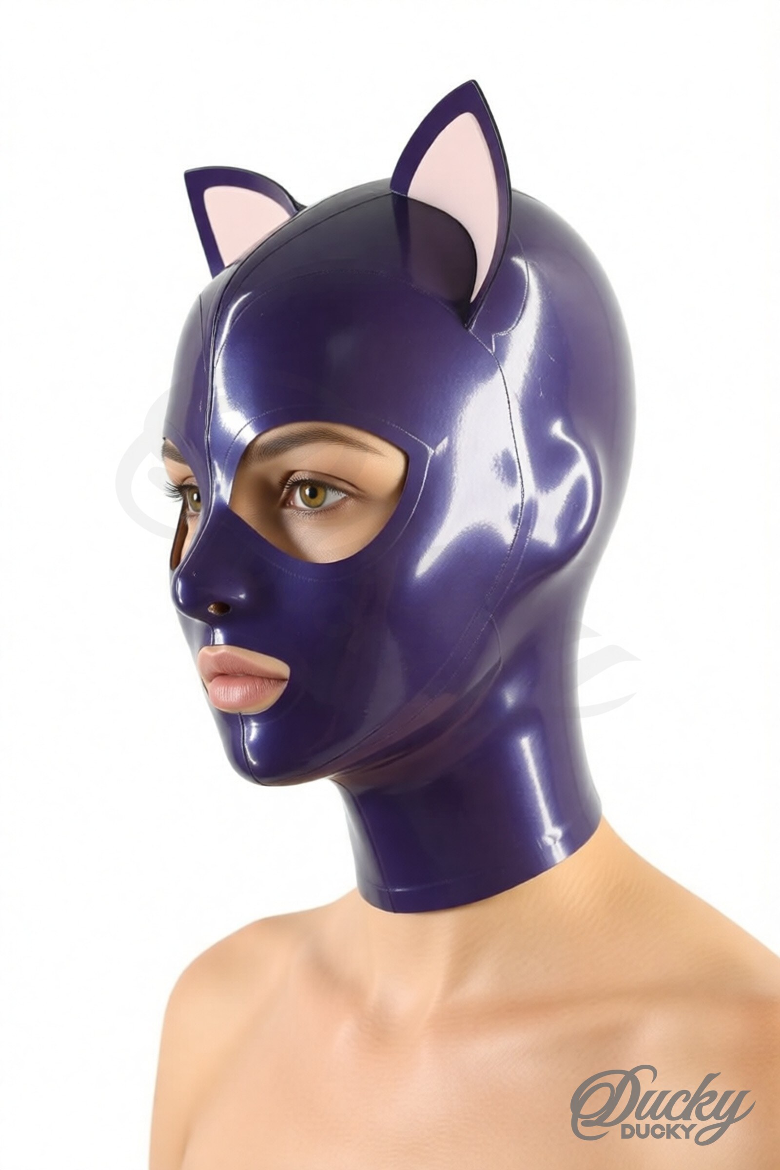Felina – capucha de látex bicolor con orejas de gato