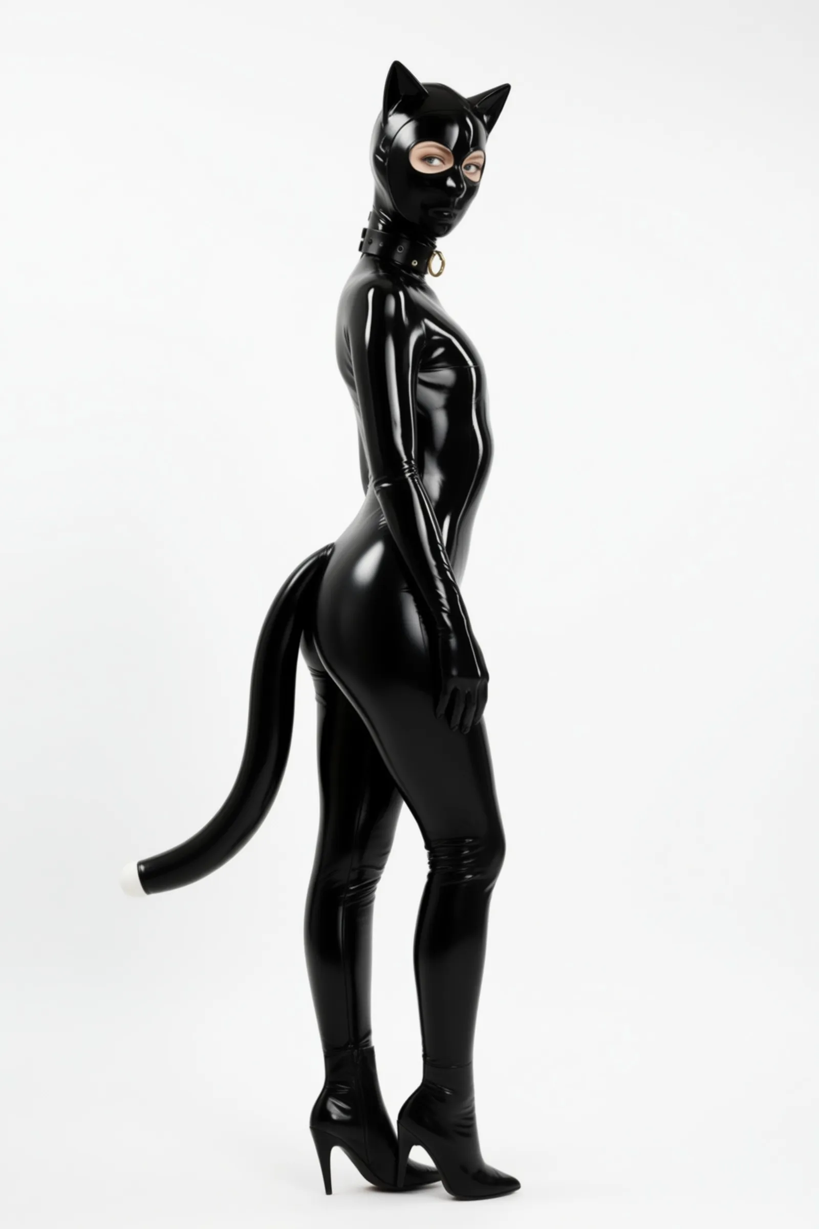Feline – celotělový latexový catsuit s kuklou s kočičíma ušima