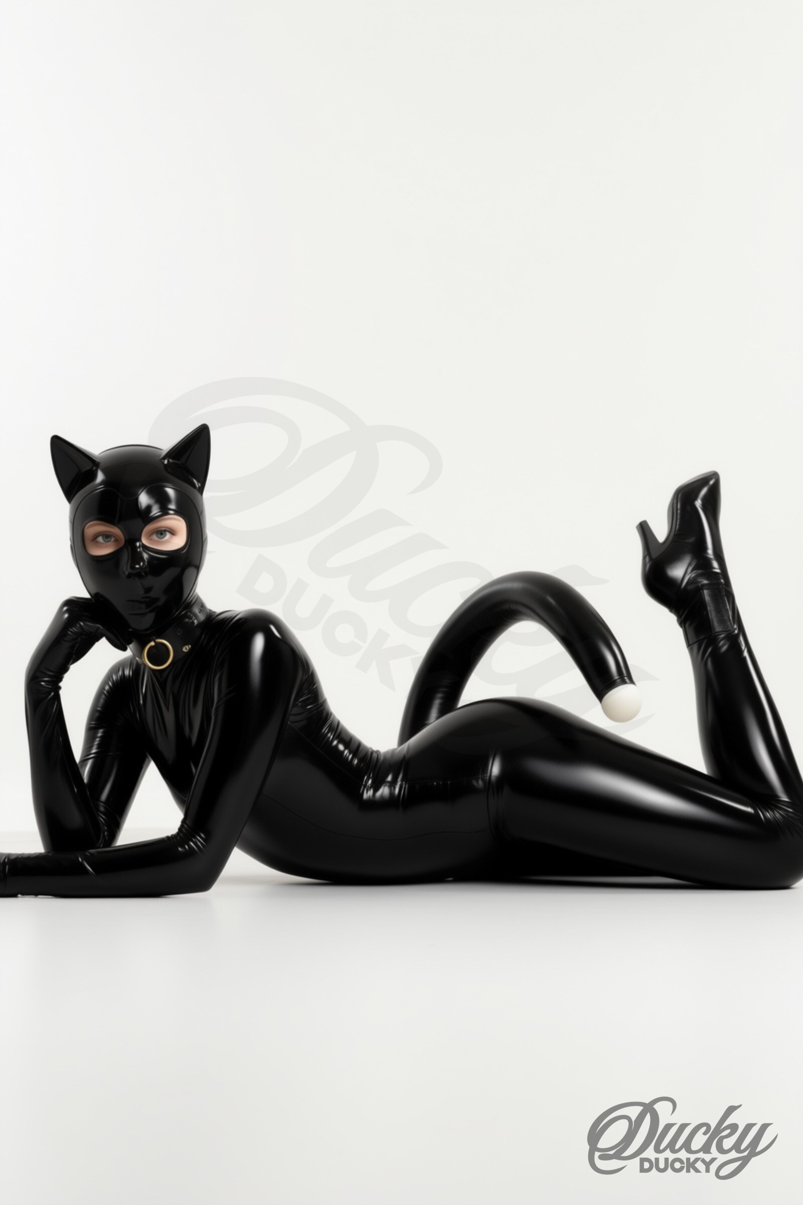 Feline – celotělový latexový catsuit s kuklou s kočičíma ušima