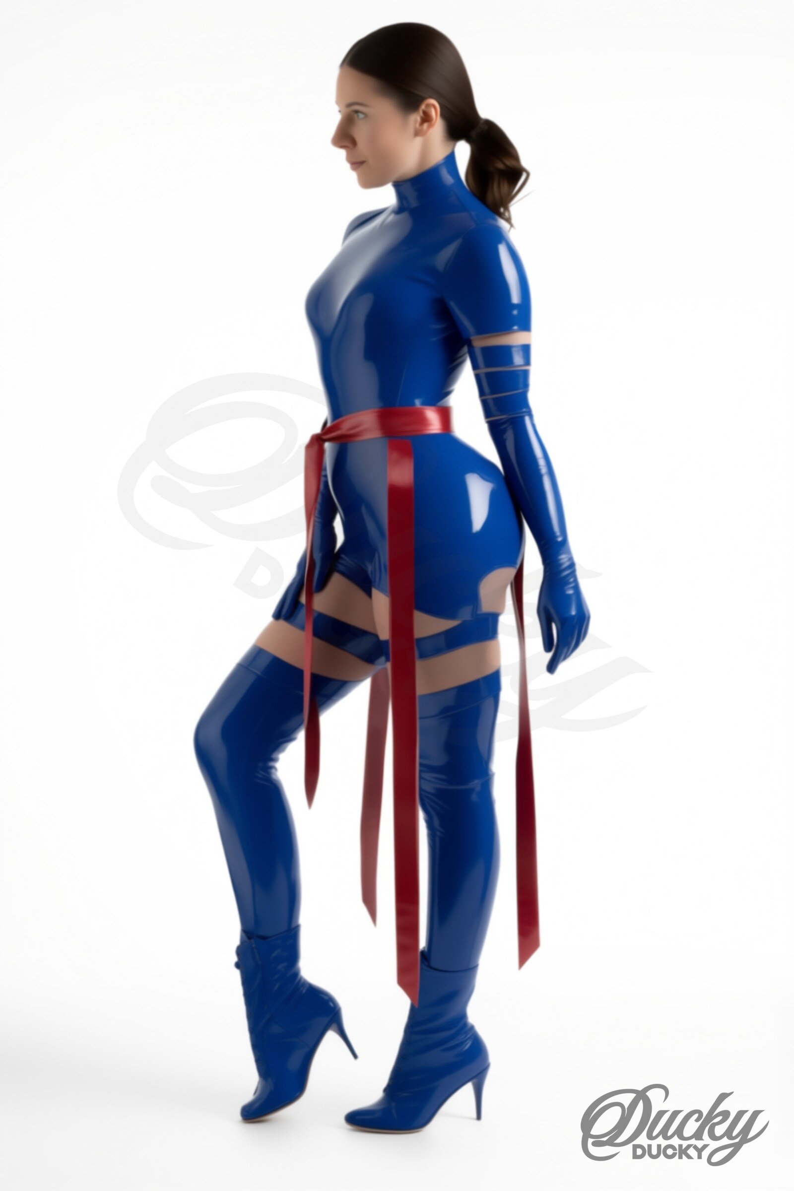 Kunoichi – blue latex bodysuit with red sash