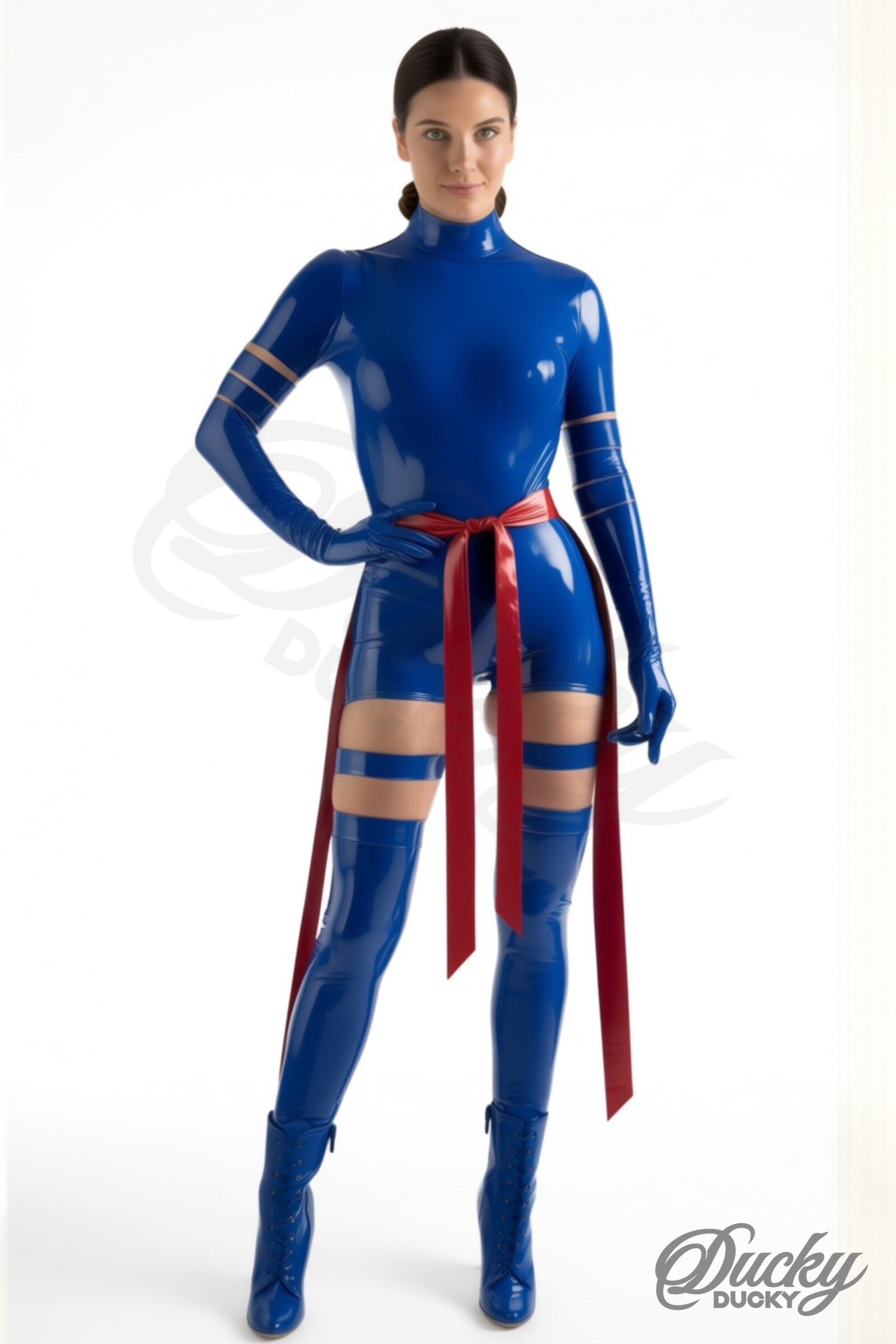 Kunoichi – blue latex bodysuit with red sash