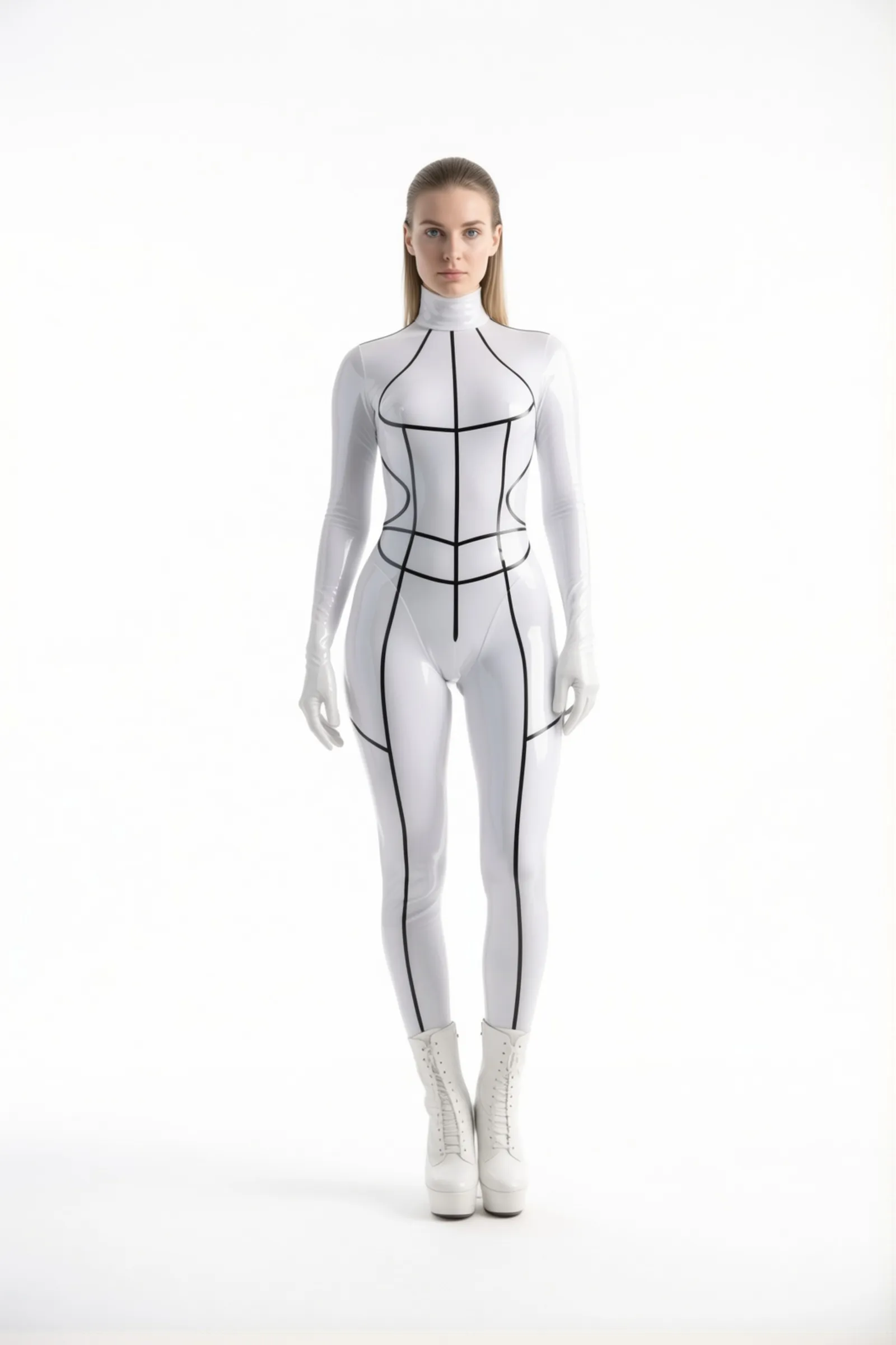 Néon – weißer Latex-Catsuit mit schwarzen Linien