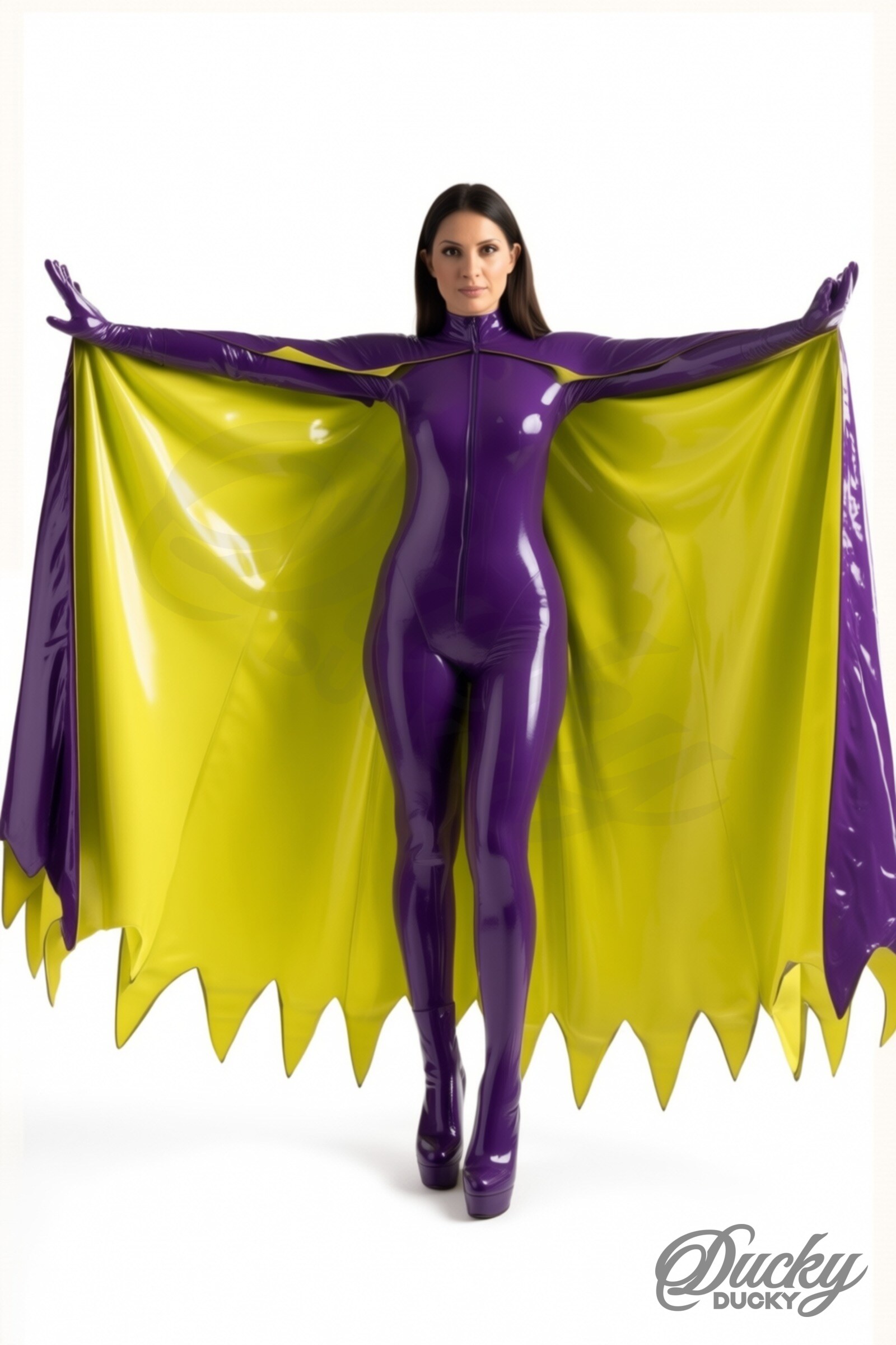 Pipistrelle – violetti lateksinen catsuit lepakonsiipiviitalla