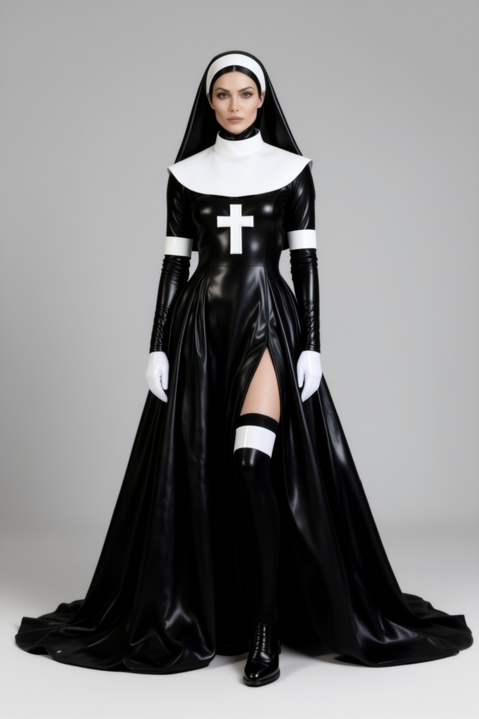 Professe – lange latex nonnenjurk, uitlopend met split