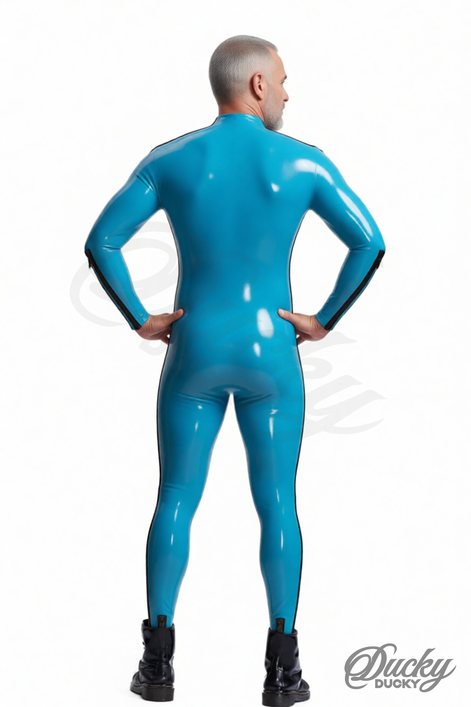 Racer – catsuit i latex för herr med dubbla ränder, dragkedjor på axlarna