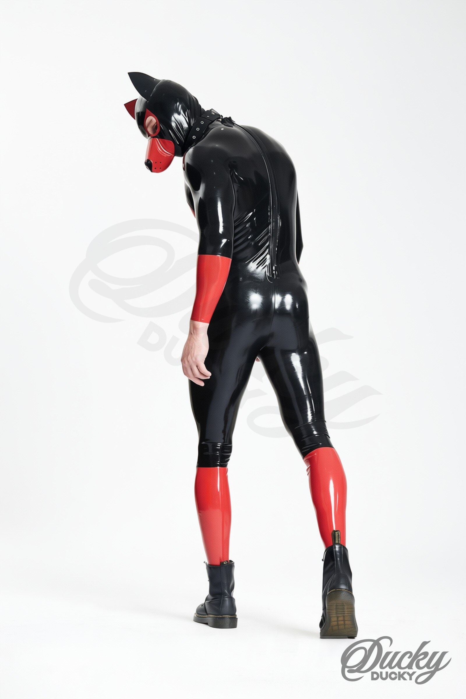 Rocky – combinaison latex homme chiot, noire et rouge
