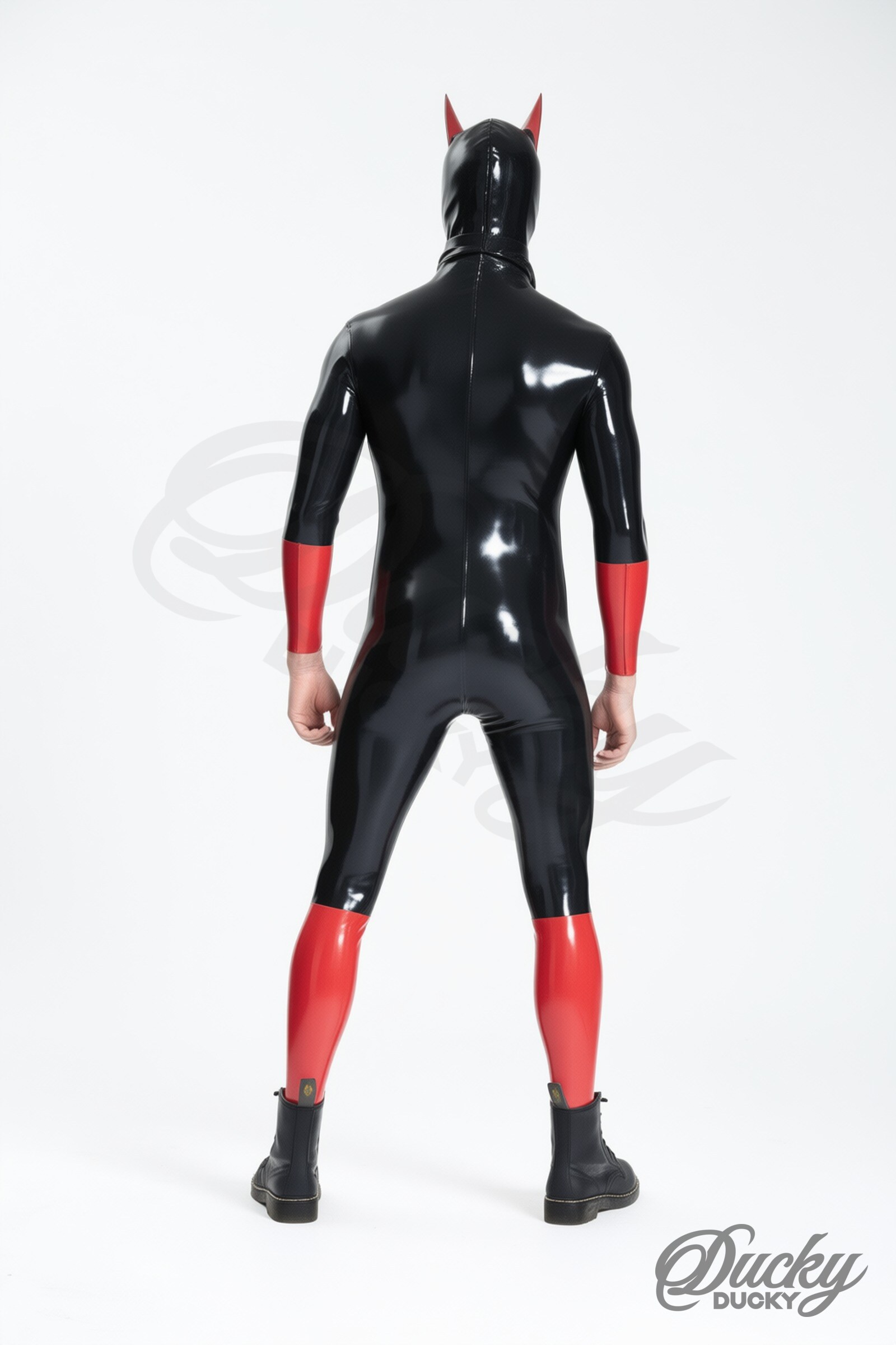 Rocky – combinaison latex homme chiot, noire et rouge