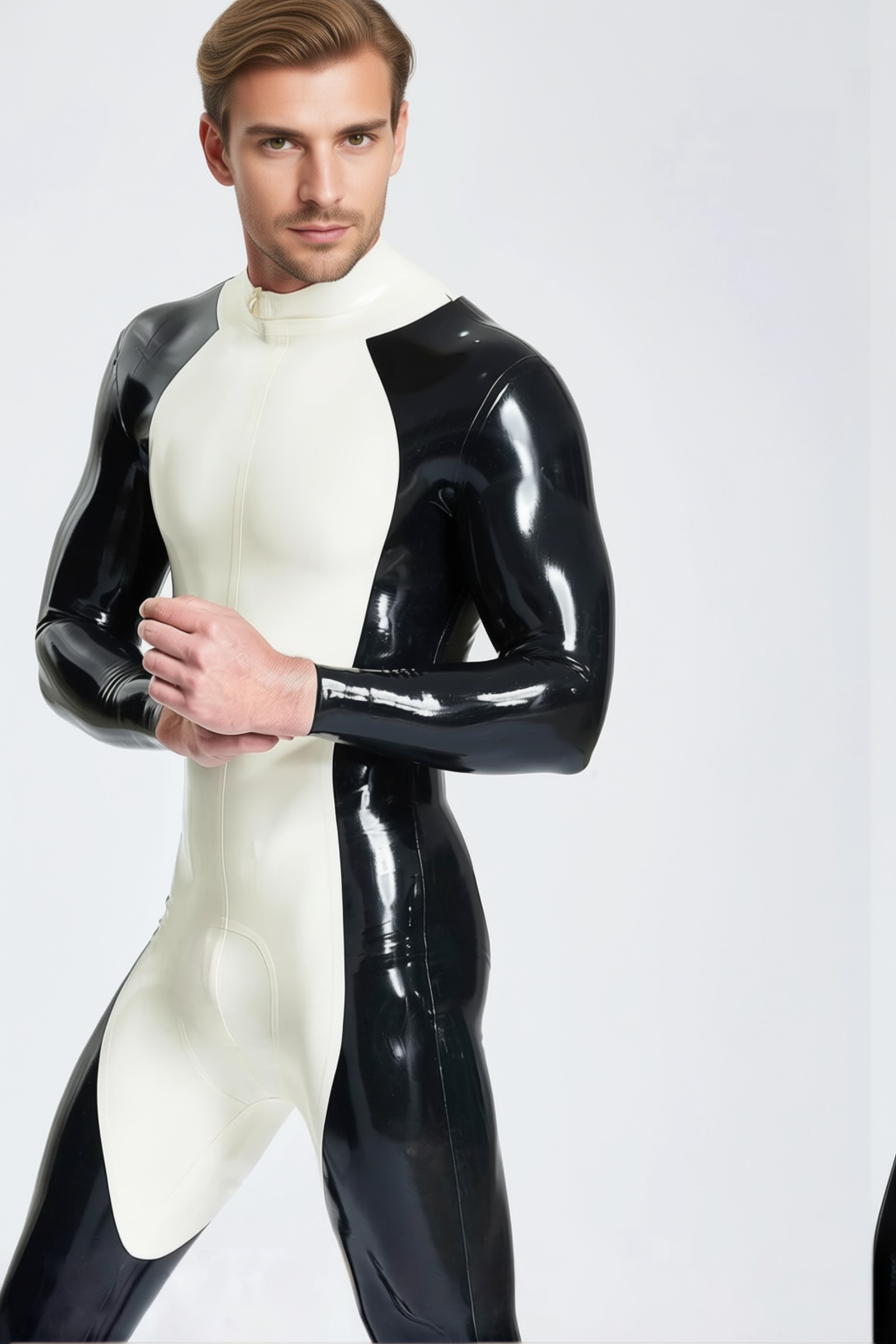 Scout – catsuit latex homme chiot bicolore