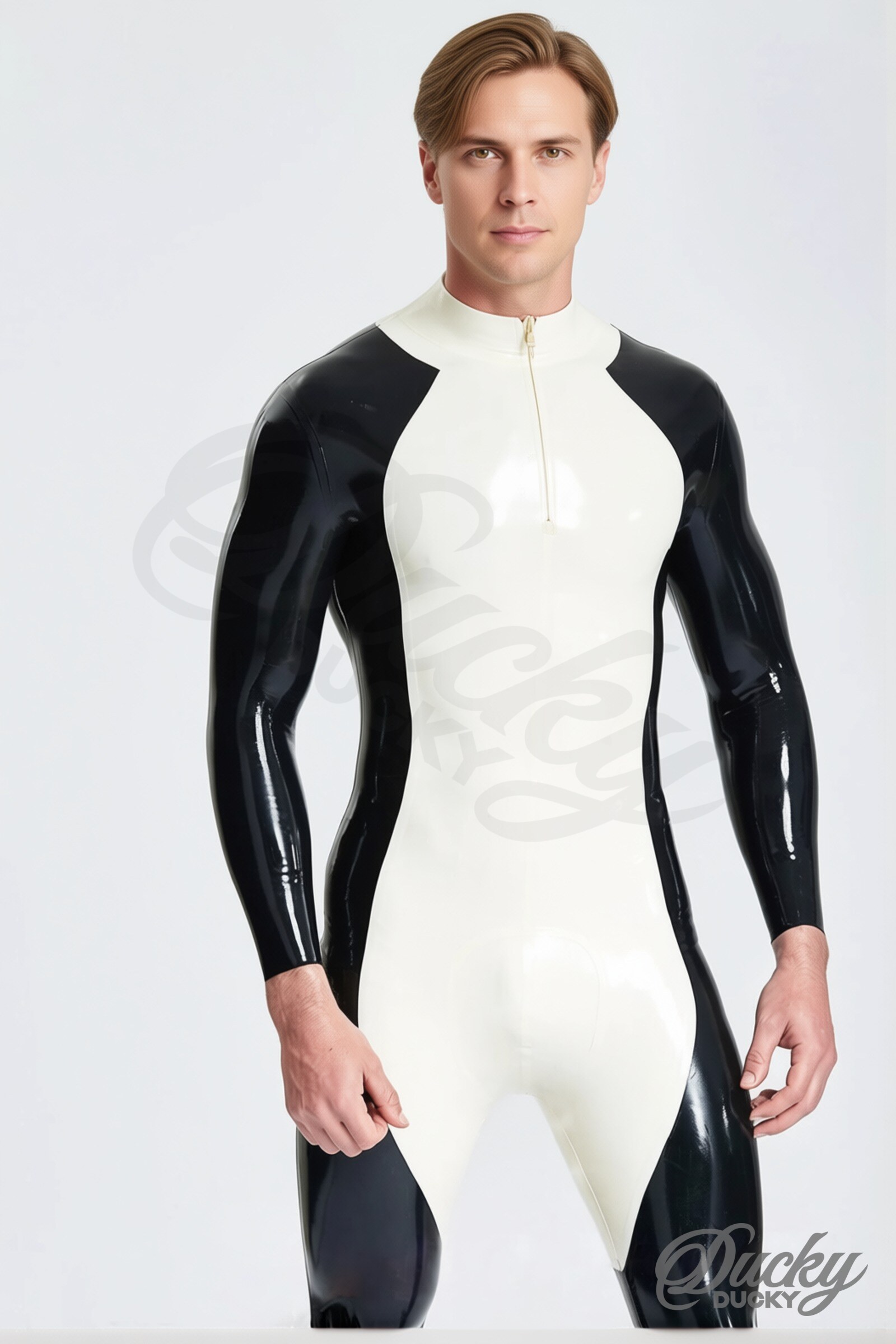 Scout – catsuit latex homme chiot bicolore