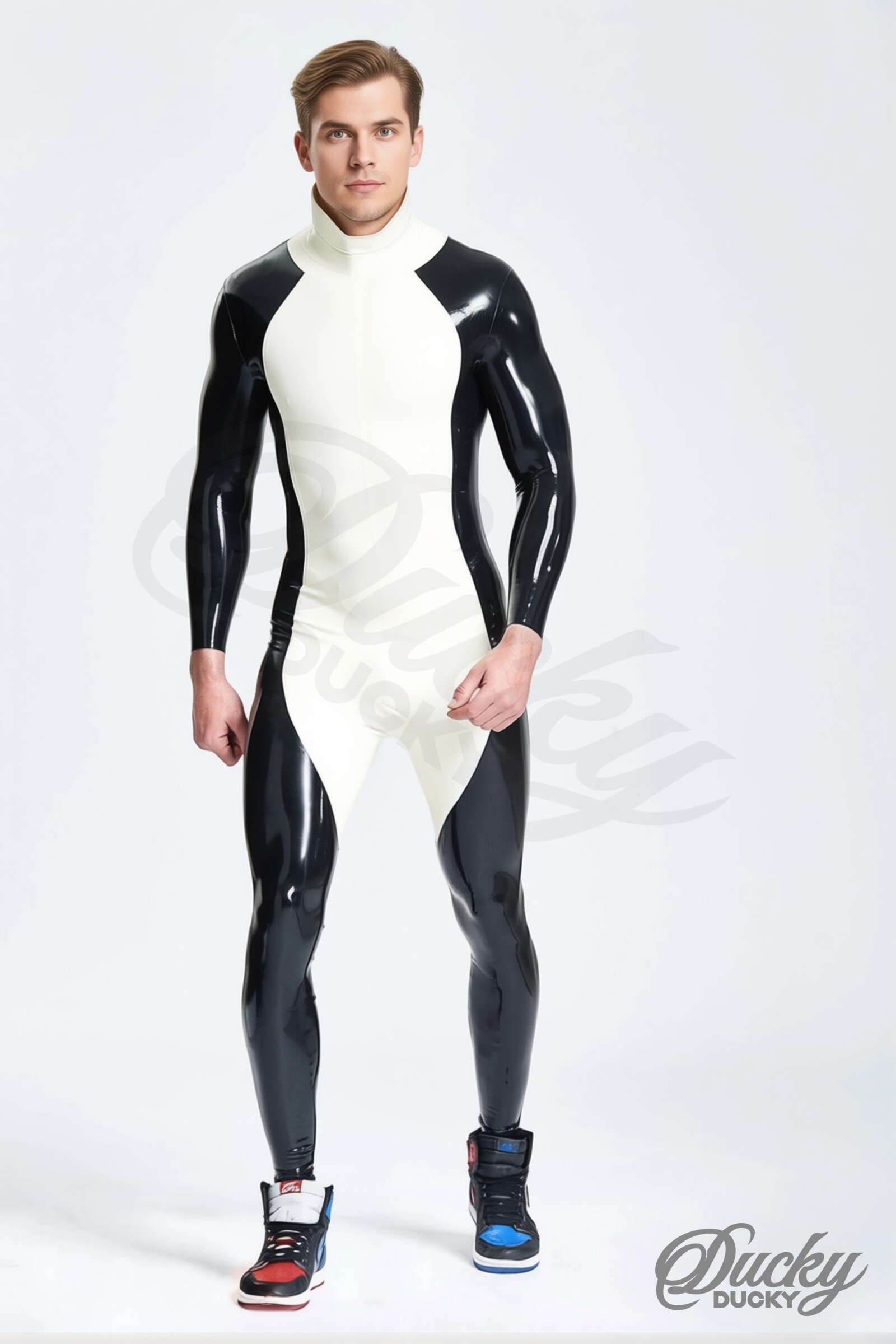 Scout – catsuit latex homme chiot bicolore