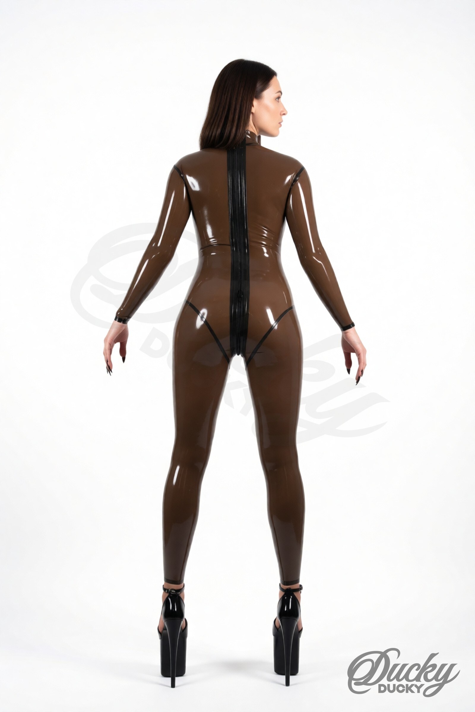 Stripe – transparent catsuit i latex med striber i kontrastfarve