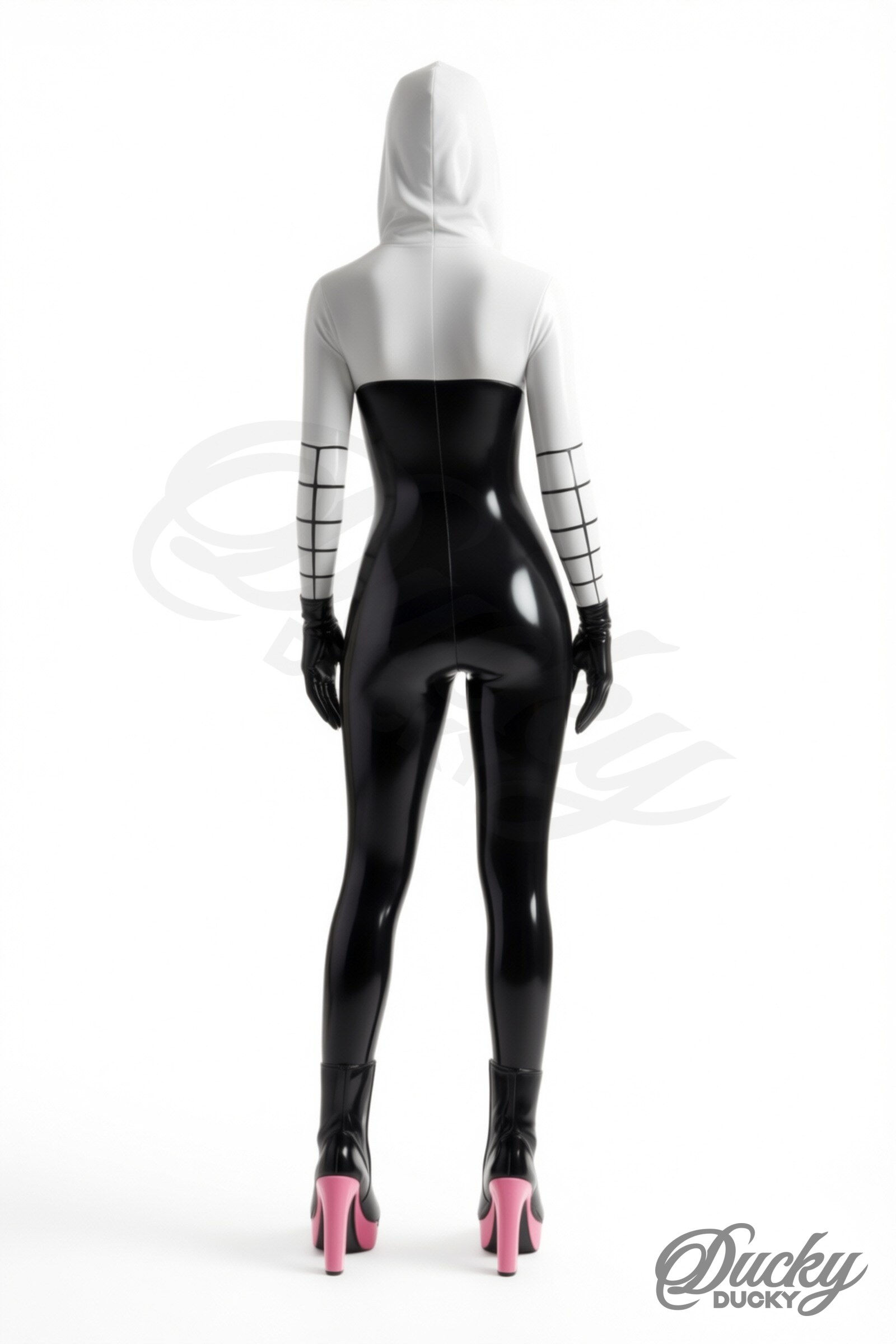 Tisseuse – mustavalkoinen lateksinen catsuit hämähäkinverkkokuviolla - Image 2