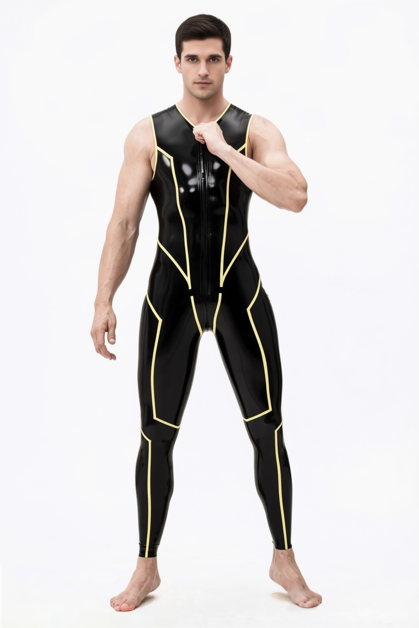 Volt – men’s sleeveless latex catsuit with contrast lines