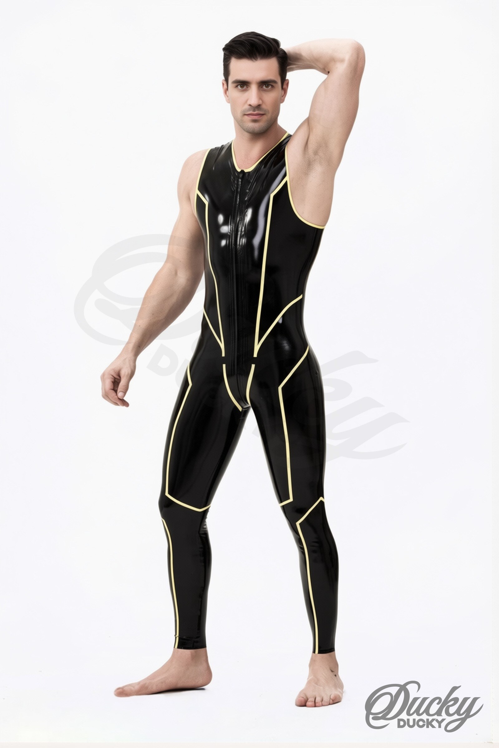 Volt – men’s sleeveless latex catsuit with contrast lines