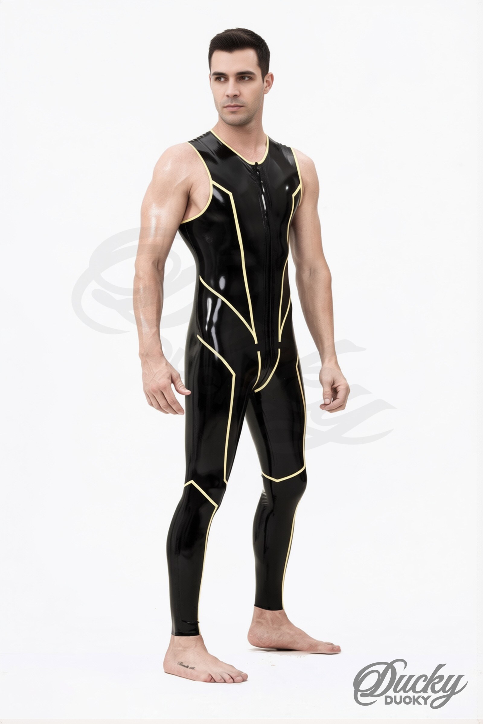 Volt – men’s sleeveless latex catsuit with contrast lines