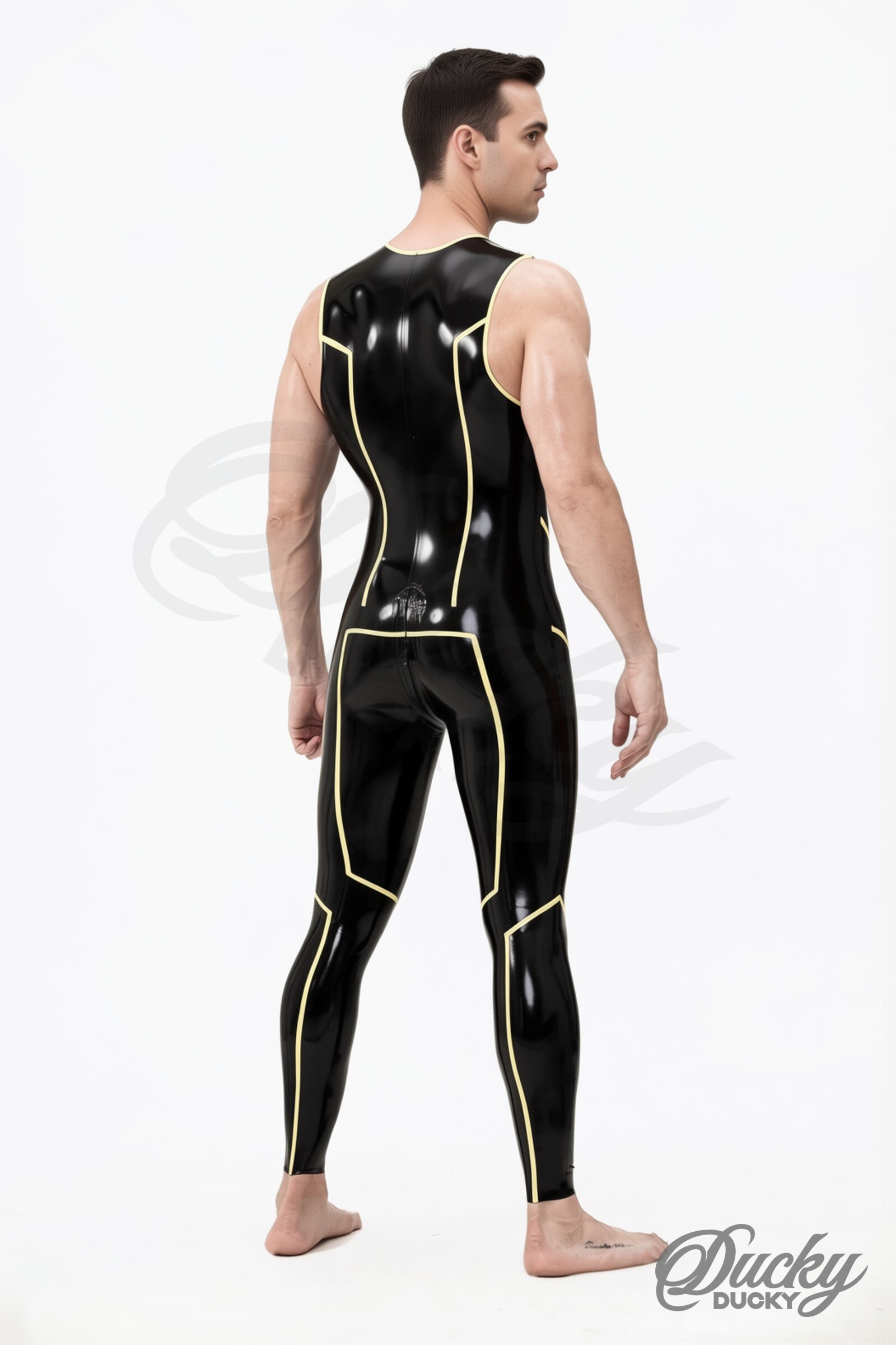 Volt – men’s sleeveless latex catsuit with contrast lines