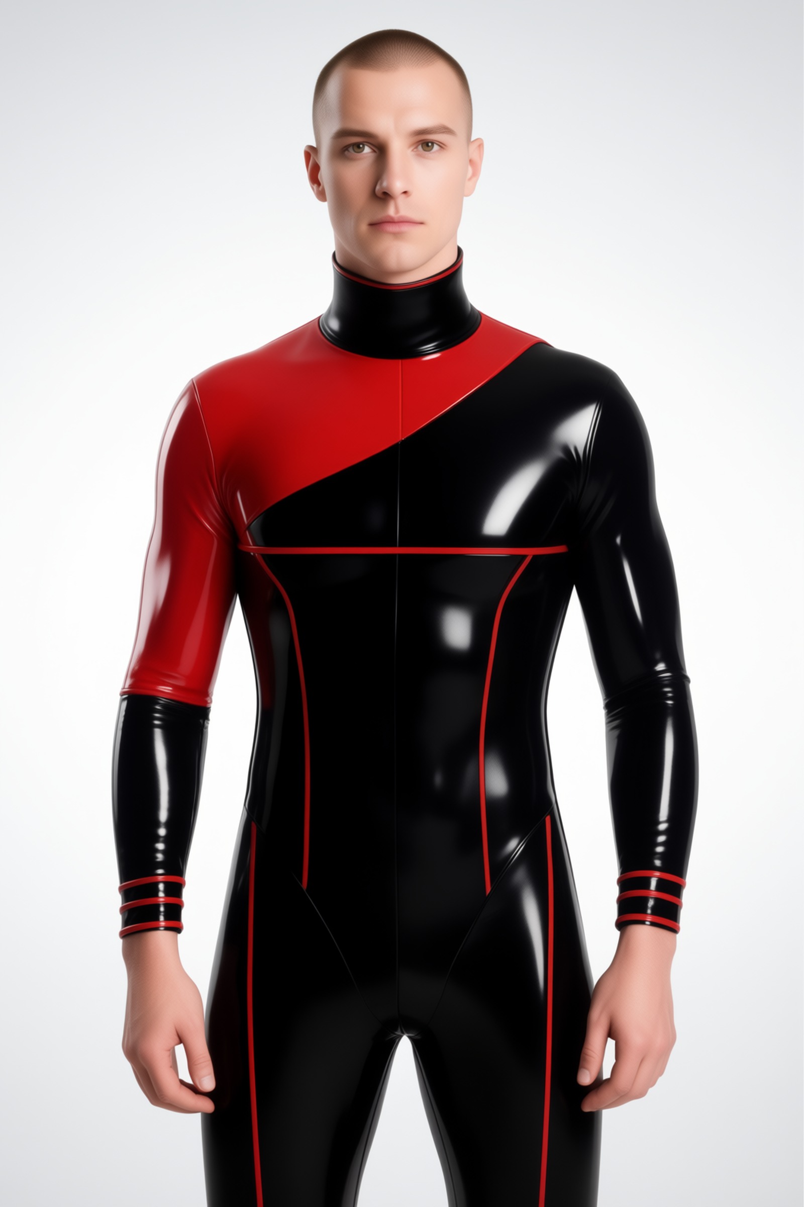 Vulcain – catsuit de látex bicolor para hombre con hombro en contraste