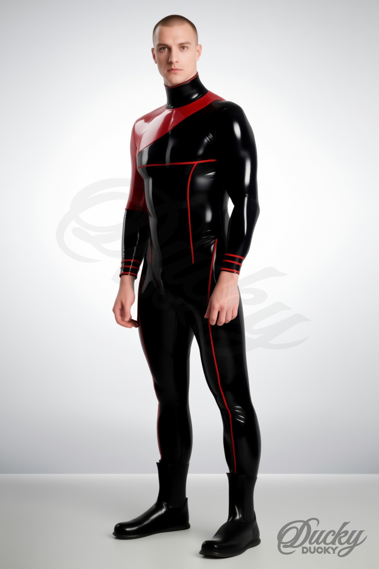 Vulcain – pánský dvoubarevný latexový catsuit s kontrastním ramenem