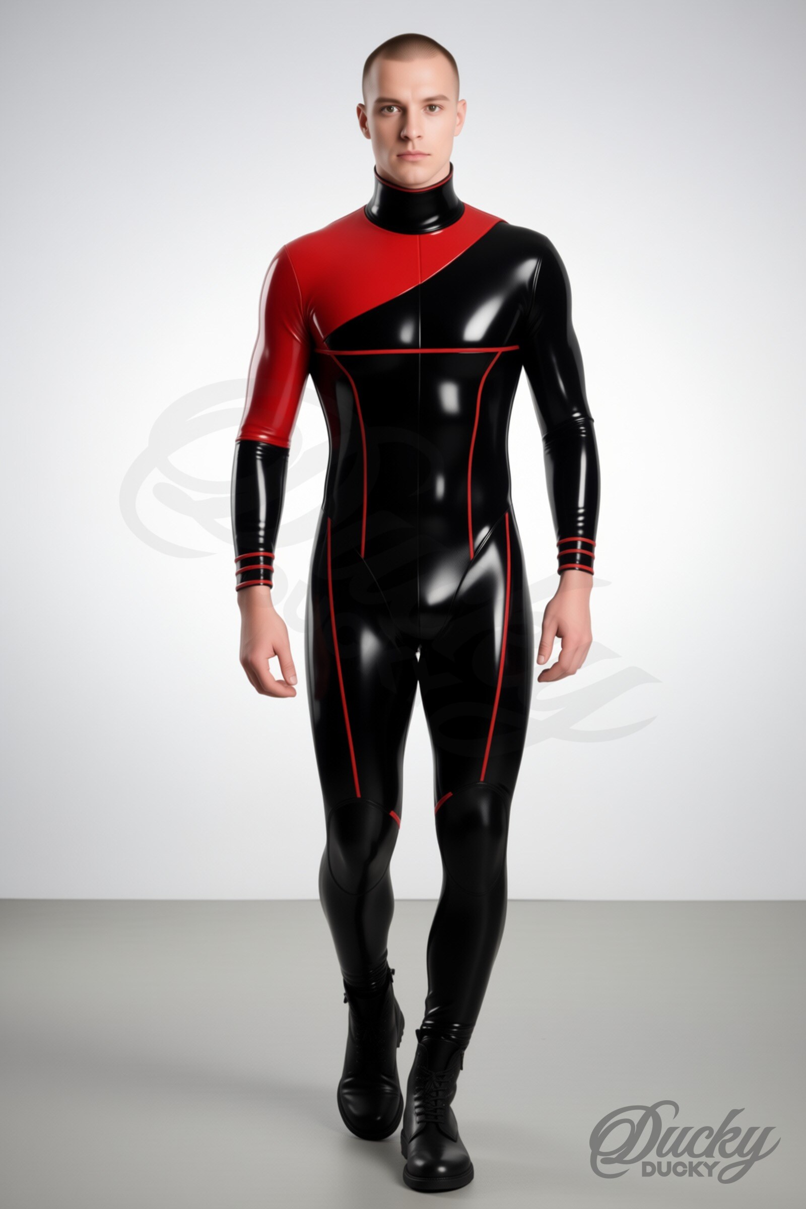 Vulcain – pánský dvoubarevný latexový catsuit s kontrastním ramenem