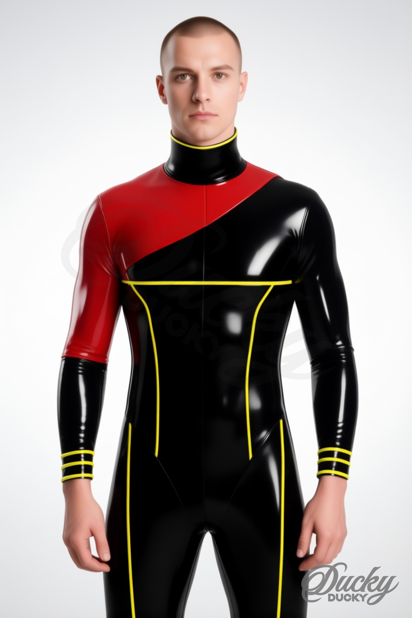 Vulcain – pánský dvoubarevný latexový catsuit s kontrastním ramenem